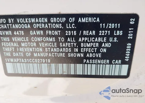 2012 Volkswagen Passat 2.5L S from USA, damaged, VIN 1VWAP7A31CC027919